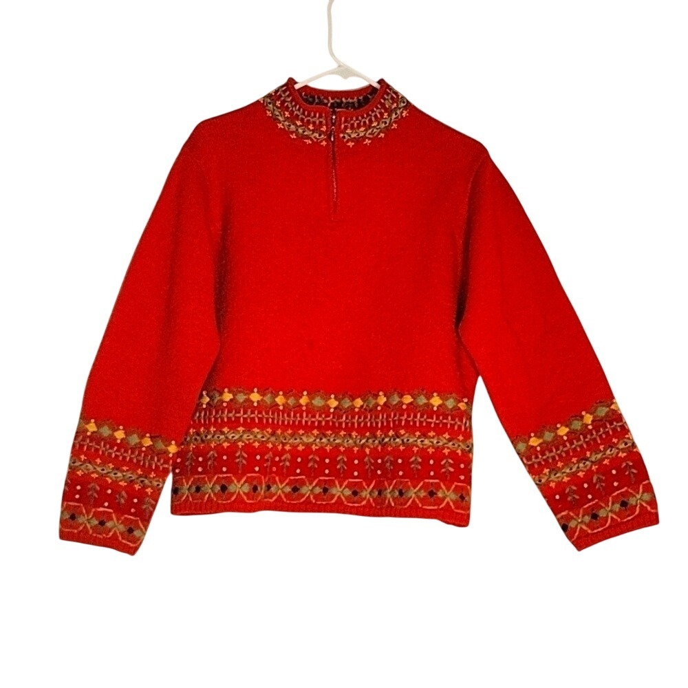 TIMBERLEA Women's Wool Knit Embroidered Stitched‎ Beaded Sweater Pullover Red